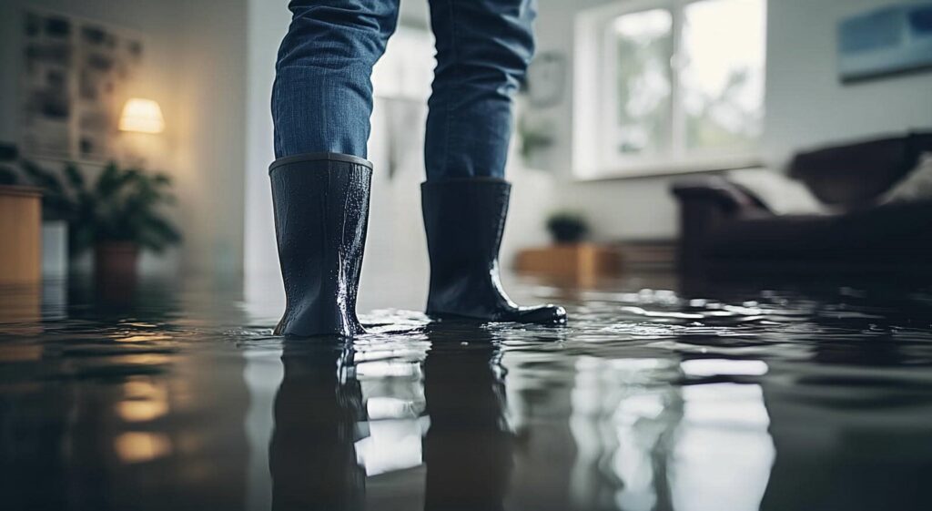 Person wearing black rain boots standing in a flooded living room with water covering the floor.