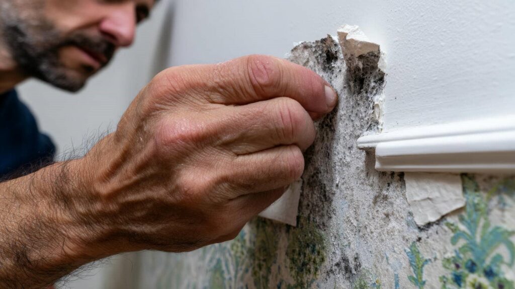 Hand peeling moldy wallpaper from a damaged wall near a white baseboard.