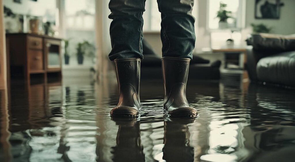Person wearing rain boots standing in a flooded living room with water covering the floor.