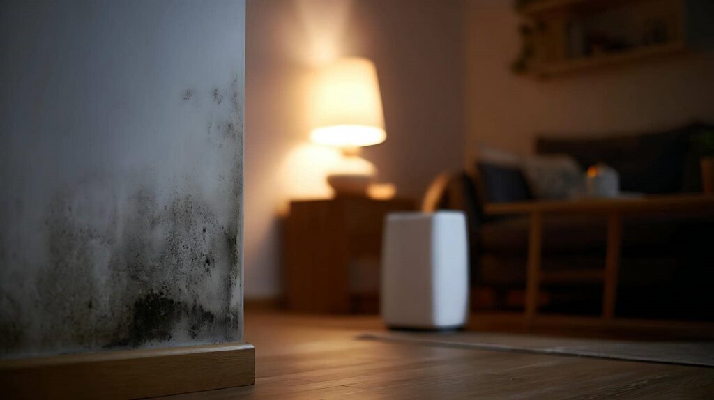Black mold growing on a white wall corner in a dimly lit living room.