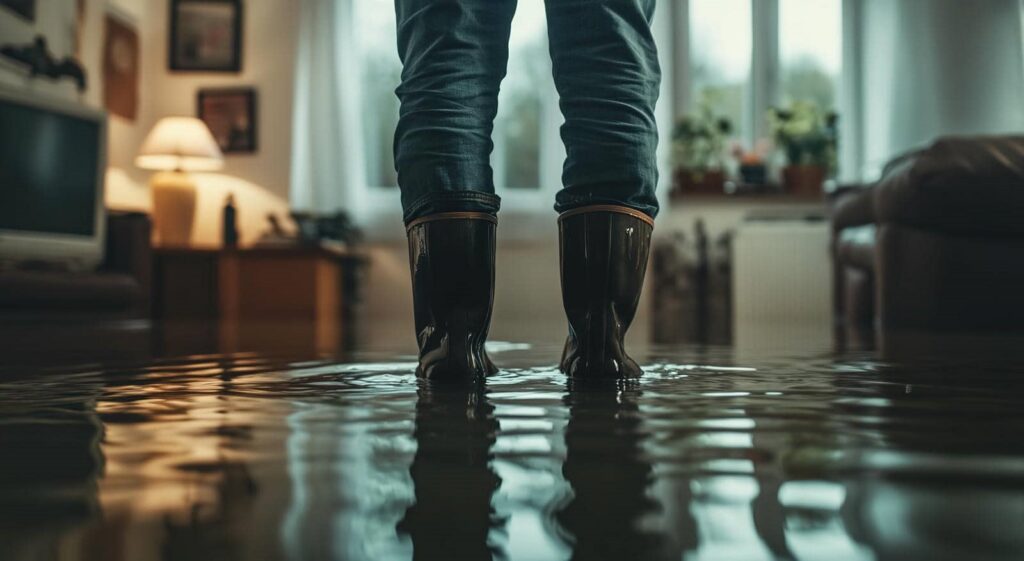 Person wearing boots standing in a flooded living room with water covering the floor.