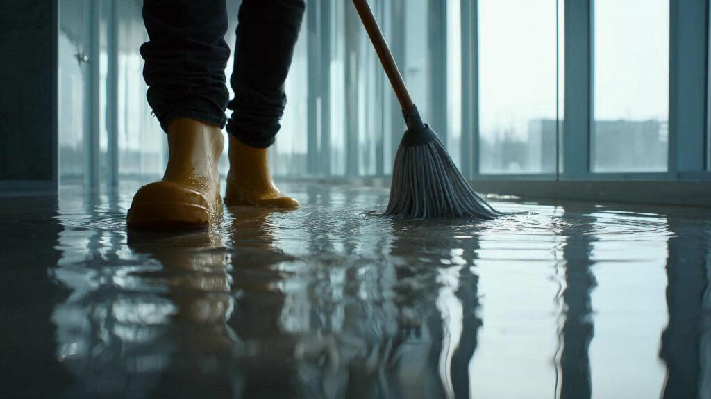 Person wearing yellow boots mopping a flooded floor inside a building.