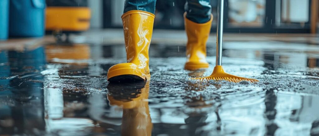 Person wearing yellow rain boots using a yellow rake to clear water from a flooded floor.