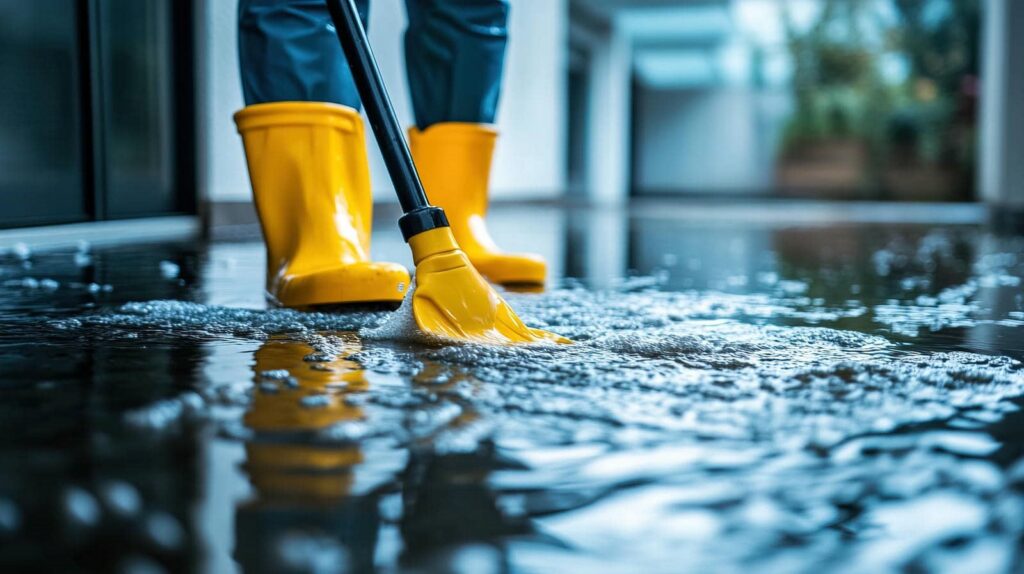 Person in yellow boots cleaning a wet floor with a mop.