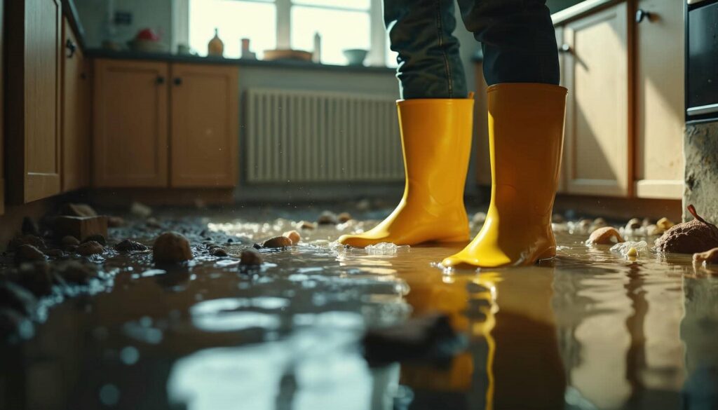 Person wearing yellow rain boots standing in a flooded kitchen with water and debris on the floor.