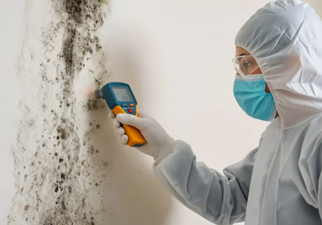 Person in protective gear using a moisture meter on a moldy wall.