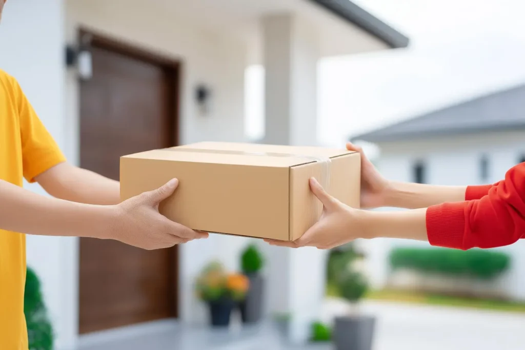 Two people exchanging a sealed cardboard box outside a house.