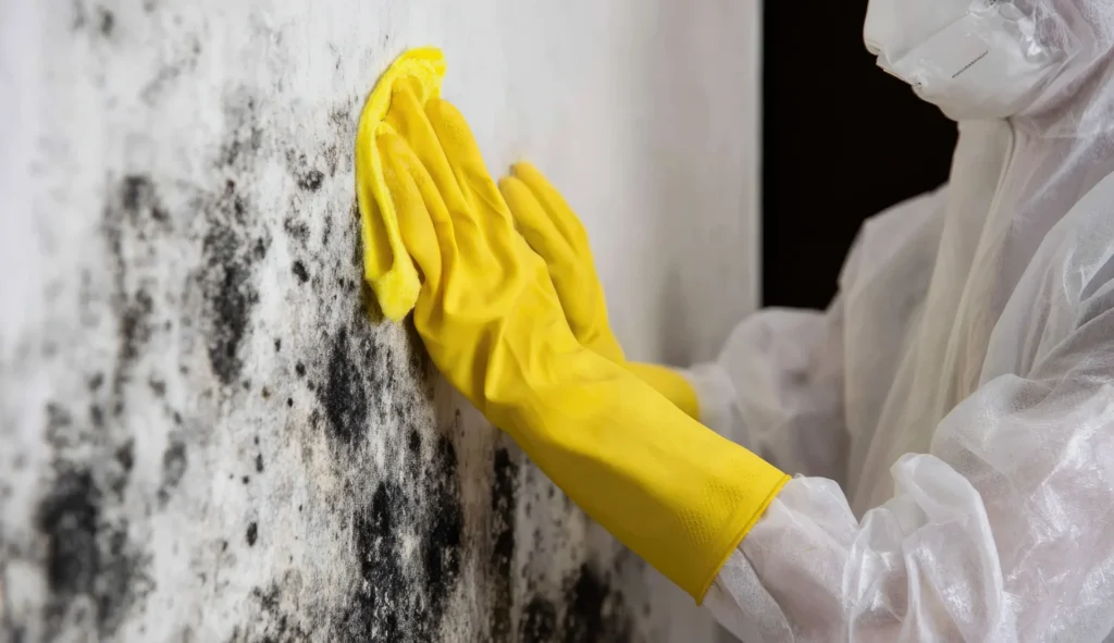 Person in protective suit and yellow gloves cleaning mold off a wall with a yellow cloth.