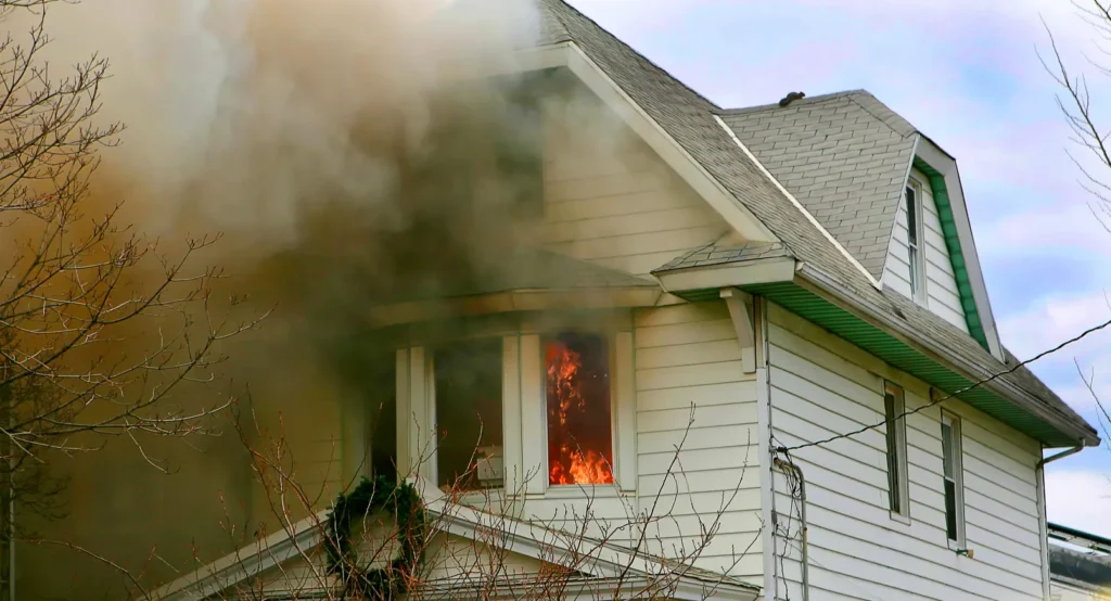 Fire and thick smoke coming from the upper floor window of a white house.