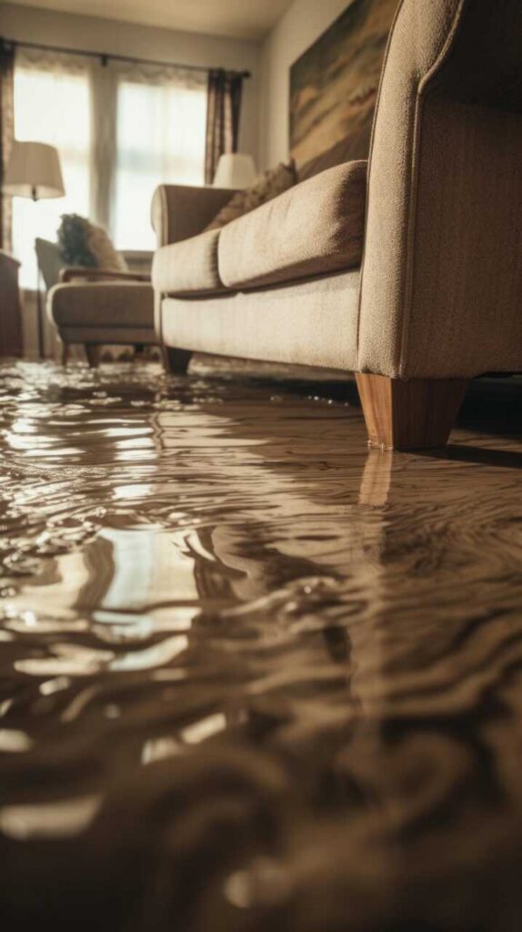 Living room flooded with water covering the floor beneath a beige sofa and armchair.