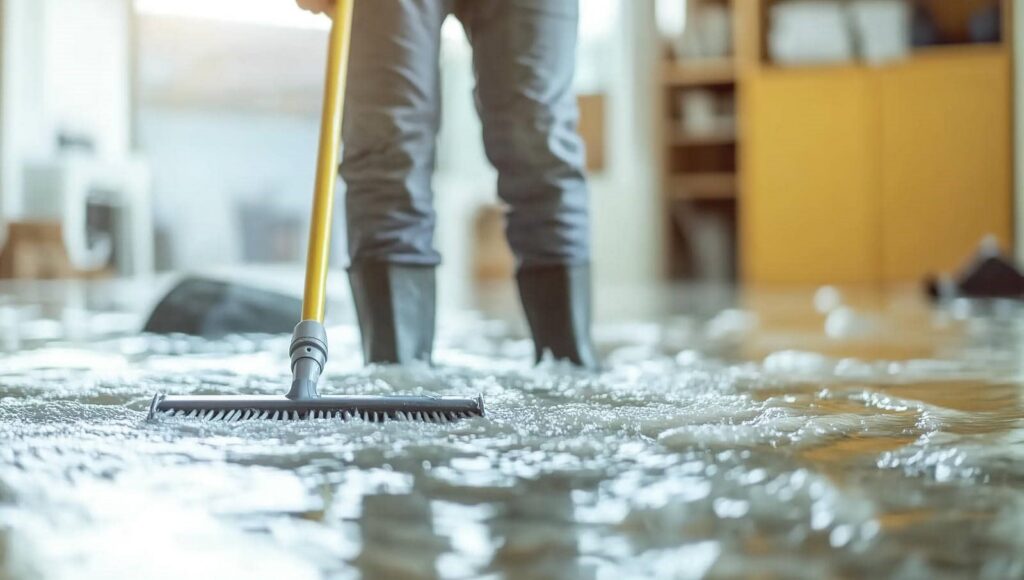 Person in boots using a squeegee to remove water from a flooded indoor floor.