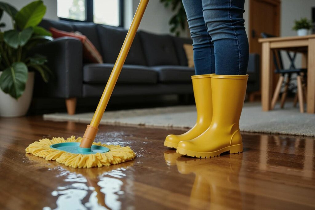Person wearing yellow boots mopping a wet wooden floor in a living room.