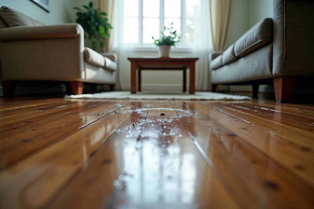Wet spots and dirt on a wooden floor between two beige sofas in a living room.