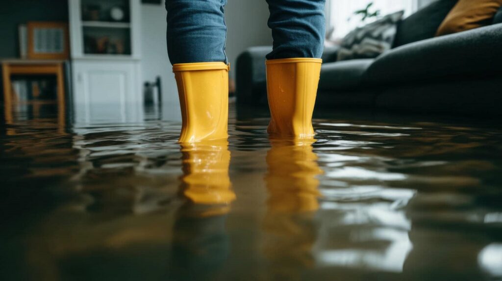 Person wearing yellow rain boots standing in a flooded living room.