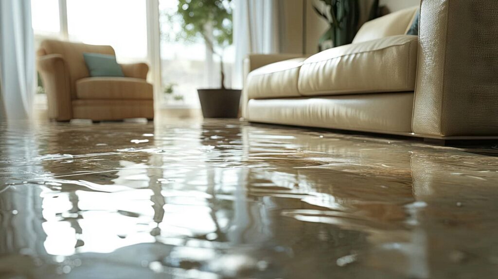 Water flooding the floor of a living room with beige sofas and a potted plant.