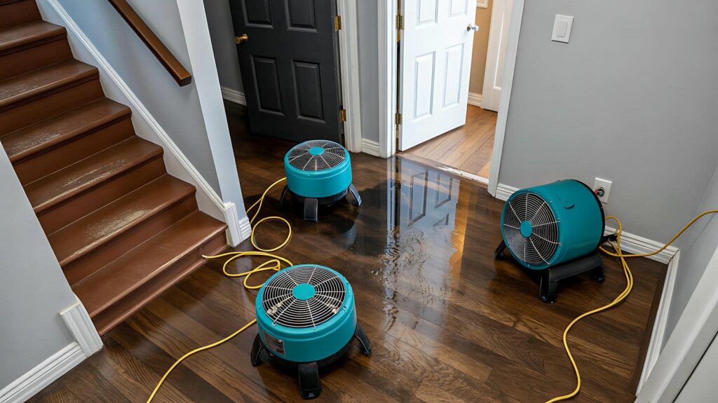 Three blue air movers drying a wet hardwood floor near stairs and open doors.