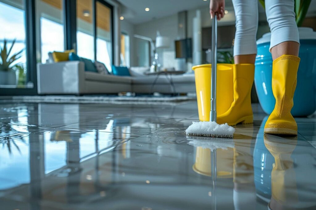 Person wearing yellow boots mopping a shiny tiled floor in a modern living room.
