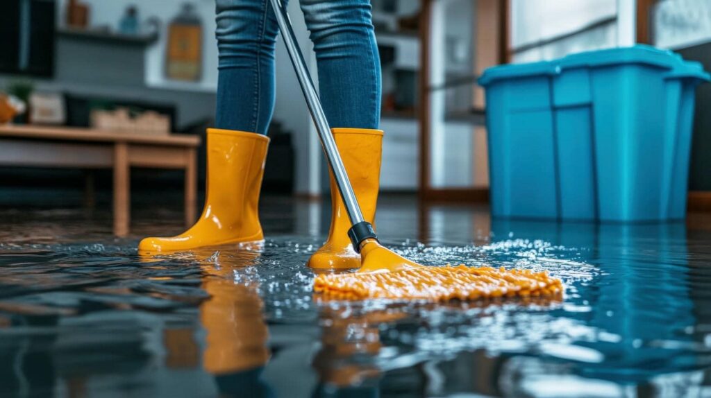 Person in yellow boots mopping a flooded floor indoors with a blue bucket nearby.