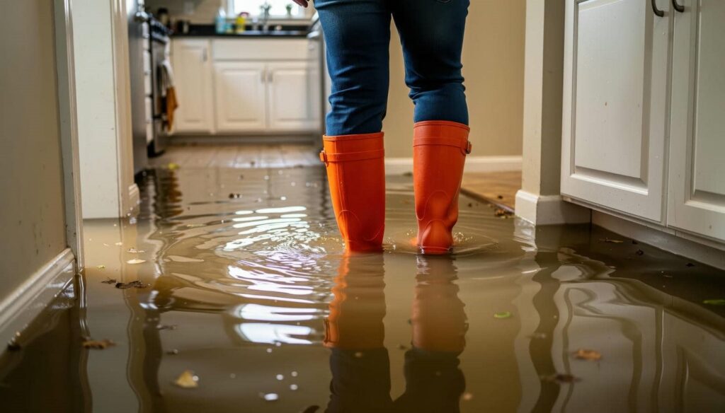 Person wearing orange rain boots standing in a flooded kitchen with water covering the floor.