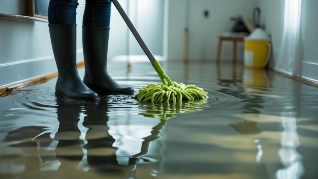 Person wearing black boots mops water from a flooded indoor floor.