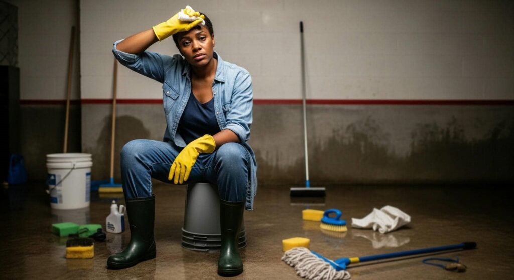 Tired woman in yellow gloves and boots sits on a bucket surrounded by cleaning supplies.