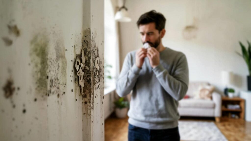 Mold growing on a wall with a man in the background holding a tissue to his nose.