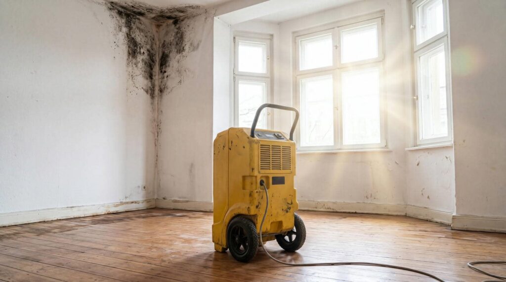 Yellow dehumidifier in a room with mold growing on the corner walls near the ceiling.