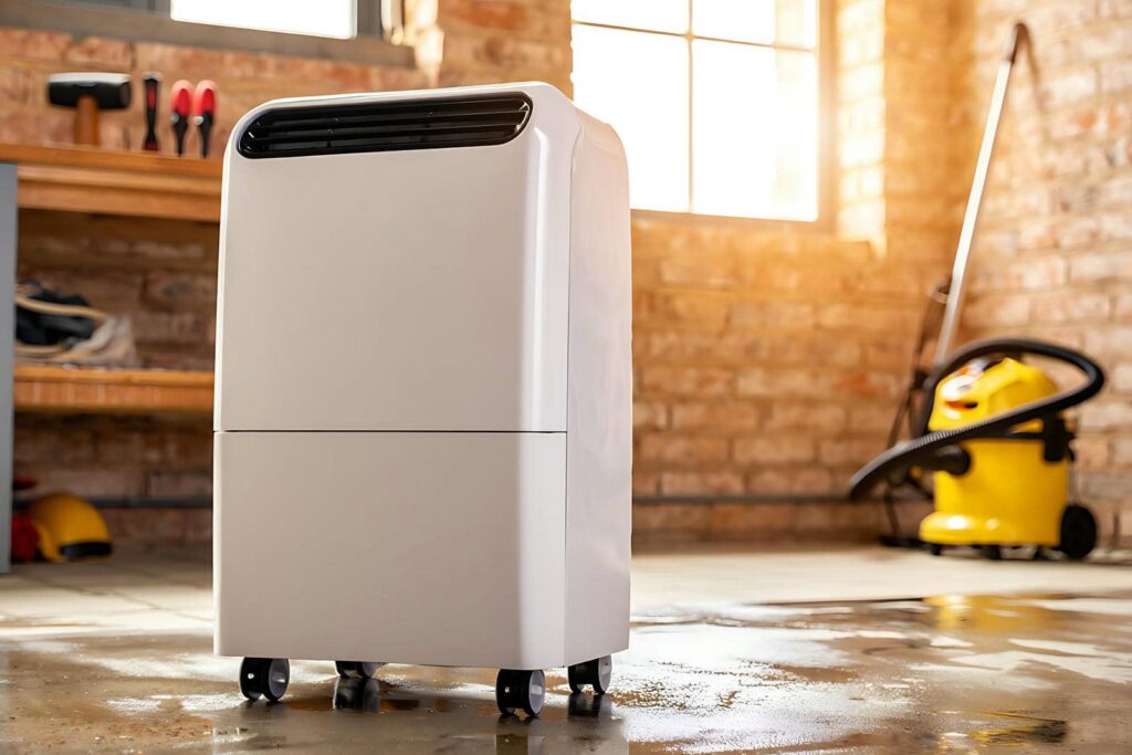 Portable dehumidifier on wheels in a sunlit basement with tools and a wet floor.