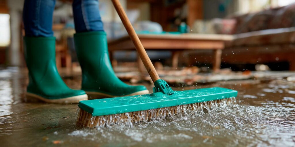 Person in green boots using a brush to push water on a flooded indoor floor.