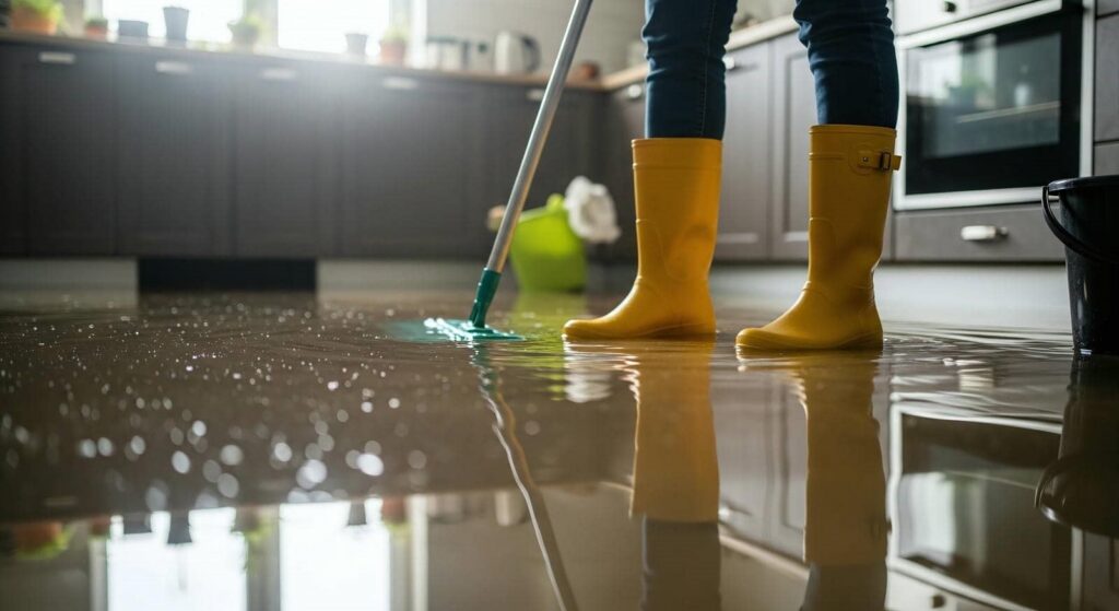Person in yellow boots mopping a flooded kitchen floor.
