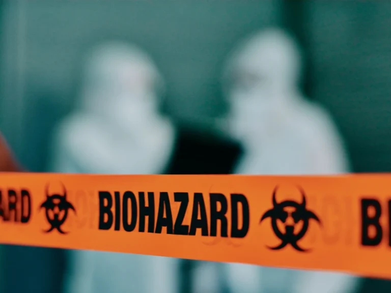 Orange biohazard tape with two people in hazmat suits blurred in the background.