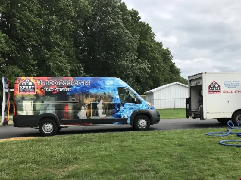 Two service vans with Xpert Restoration branding parked on a driveway near a grassy area and trees.