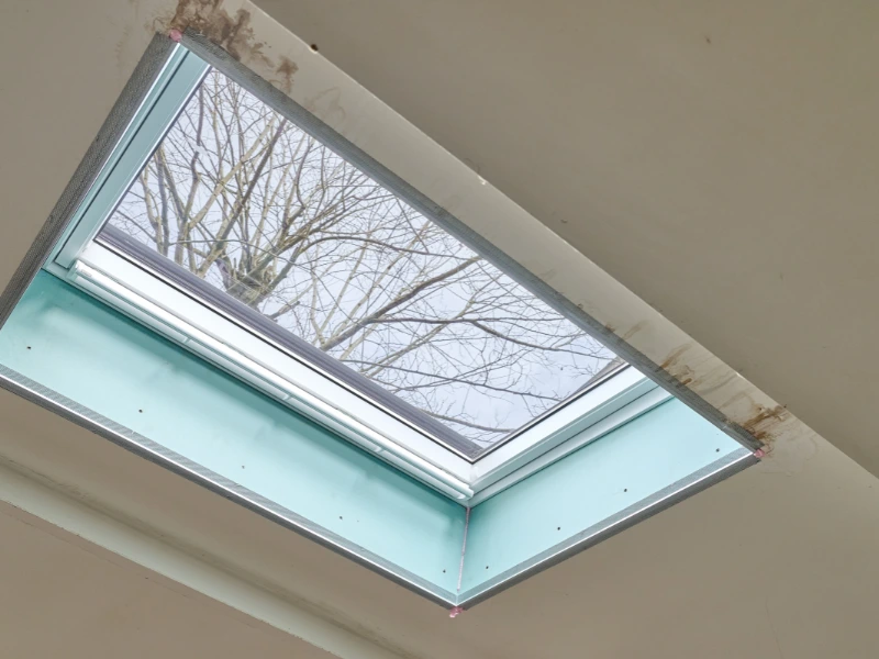 Rectangular skylight with a view of leafless tree branches against a cloudy sky.