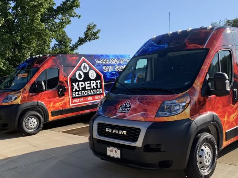 Two vans with Xpert Restoration branding and fire-themed wrap parked outdoors.