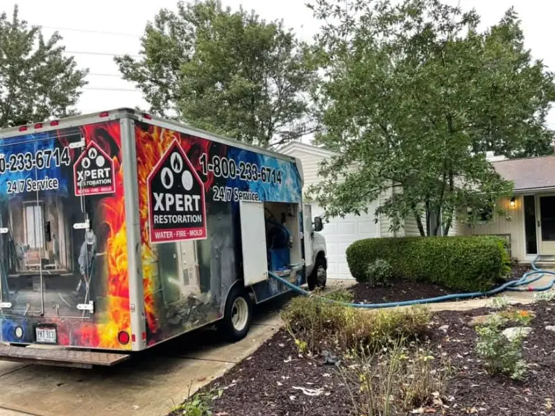 Restoration service truck parked in driveway with hoses leading into a house.