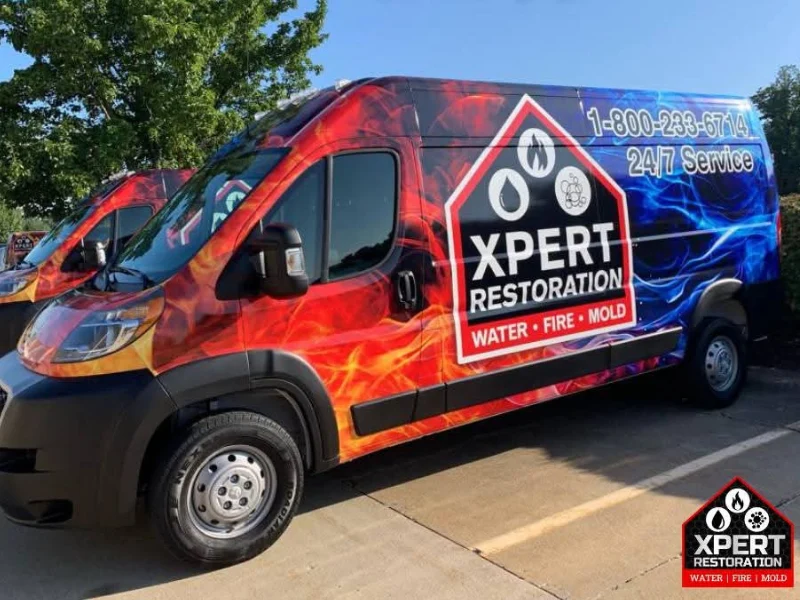 Van with colorful fire and water graphics advertising Xpert Restoration services for water, fire, and mold.